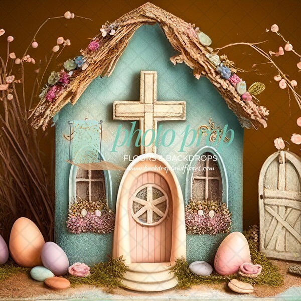 Surreal Easter Chapel Photography Backdrop - Church, Religion, Religious, Faith, Cross, Crucifix, Holy Communion, Catholic Christian Flowers