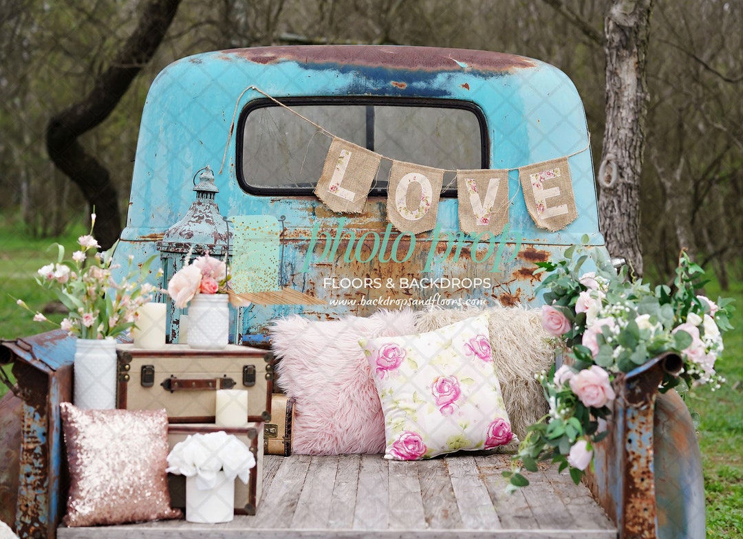Vintage Blue Truck Bed Photography Backdrop Valentines Day, Aged, Pillows, Be Mine, Flowers