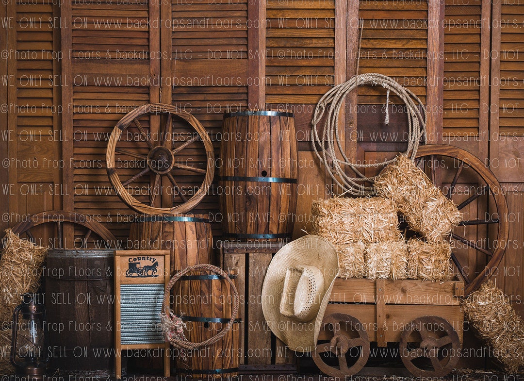 Western Photography Backdrop Cowboy Hat, Ropes, Lassos, Barrels, Hay