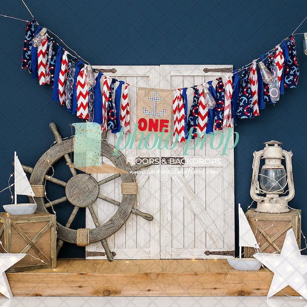 Sailing Photography Backdrop - sailboat, nautical, beach, sailor, summer, Ocean, waves, steering wheel, red, white, blue, lights, fishing