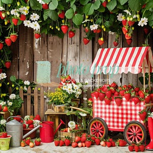 Strawberry Cart Photography Backdrop - Strawberries, Berries, Berry, Fruit, Farm Stand, for sale, Berry Sweet, Vines, For Sale, Cake Smash