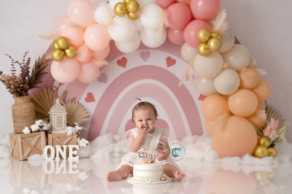 Pastel Rainbow Balloon Arch Digital Backdrops for Birthday Cake Smash and  Baby Shower