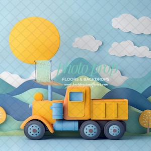 Dump Truck DIGITAL Backdrop - Yellow, Hard Hat, Tools, Digger, Load, Hauler, Hauling, Dirt, Rocks, Construction Zone, Cake Smash, Birthday