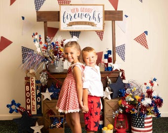 Patriotic Fireworks Stand Photography Backdrop, Fourth of July Celebration, 4th of July Party Photo Booth Background