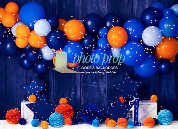 Blue & Orange Photography Backdrop - Balloon Arch, Garland, Colorful,  Stars, Fairy Lights, 1st Birthday, Cake Smash, Event, Party, Fox