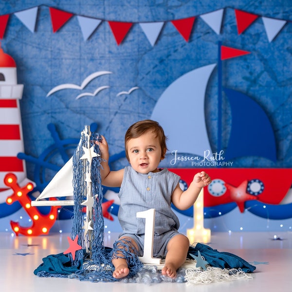 Sailboat Photography Backdrop - Sailing, nautical, beach, beachy, summer, Ocean, waves, anchor, lighthouse, red, white, blue, water, fishing