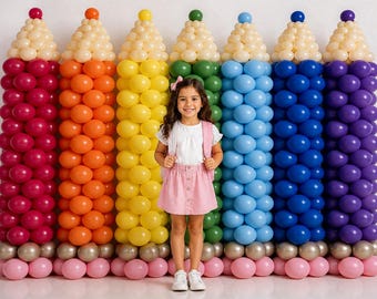 Rainbow Pencil Balloons Back to School Photography Backdrop, Crayon Balloon Wall, School Supply Theme Photos, Colorful Preschool Portraits