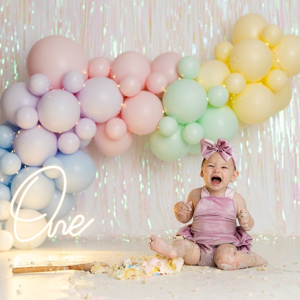 Pastel Rainbow Balloon Arch Photography Backdrop - Sparkly Streamers, Glittery, Glamour, Pink, Purple, Blue, Green, Yellow, Garland Baby ONE