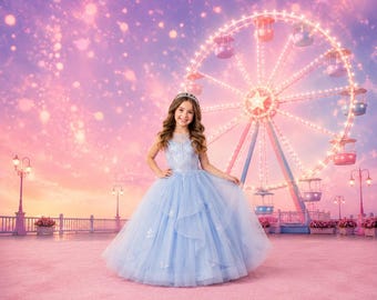 Pink Ferris Wheel Photography Backdrop - Pink Sky, Carnival, Big Top Amusement Park, Glowing Bokeh Lights, Sunset, Beach Pier