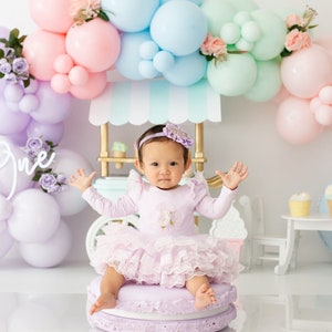 Ice Cream Stand Photography Backdrop - Cones, Cart, Shop Balloon Garland Sundae Sprinkles Party Birthday Summer Pastel Pink Yellow Two Sweet