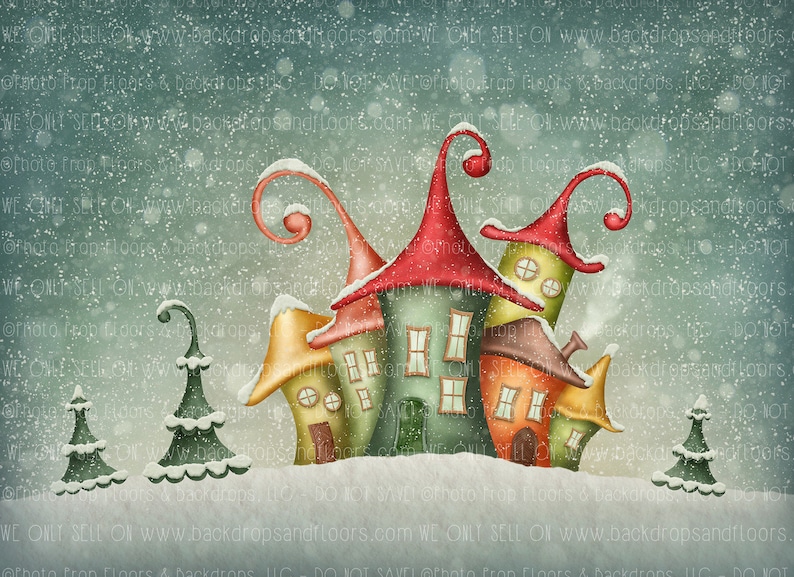 Christmas Grinch Snow Tilted Tree Houses Cranky Mean Snowy Holiday Village Photography Backdrop Holiday Snowing curved Angry