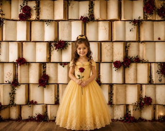 Enchanted Storybook Books Photography Backdrop, Vintage Library Books Wall, Fairytale Princess Cake Smash Birthday Theme, Red Roses