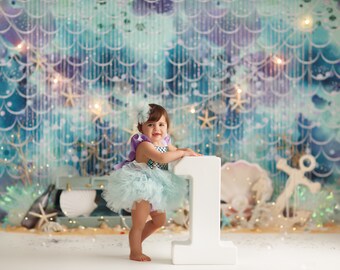 Mermaid Photography Backdrop - The Sea, Trident, Beach, Starfish, Beaded Curtain, Ocean, Purple, Teal, Clam Shells, Pearls, Anchor, Smash