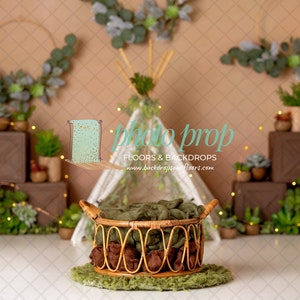 Eucalyptus Boho Tepee DIGITAL Photography Backdrop - Basket, Plants, Floral Hoops, Flowers, Wild One Natural Minimalistic Neutral Tan Teepee