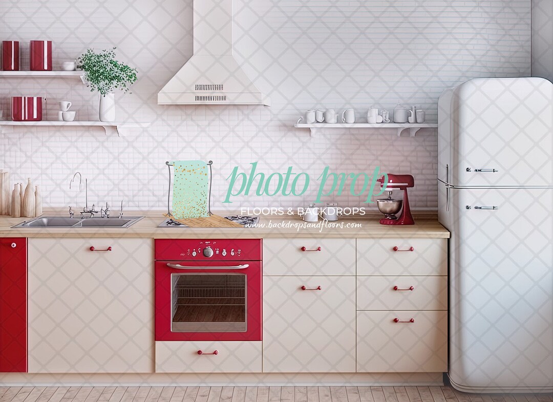 Red & White Kitchen Photography Backdrop Holiday, Baking, Vintage, Pies