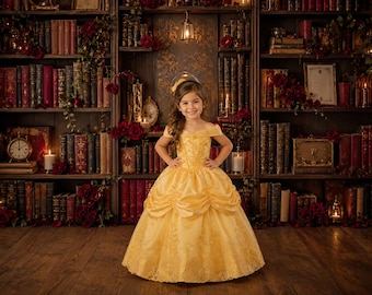 Enchanted Storybook Library Bookshelf Photography Backdrop, Vintage Books, Red Roses, Fairytale Princess Cake Smash Birthday Theme