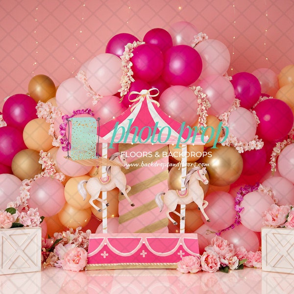 Pink Carousel Horse Merry Go Round Photography Backdrop - Carnival, Gold, Balloon Arch, Garland, Unicorn, Princess Flowers Floral Cake Smash