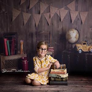 Rustic Back to School Photography Backdrop - Books, Globe, Burlap, Graduation, Children, Teachers, Education, Vintage, Pre School, Class