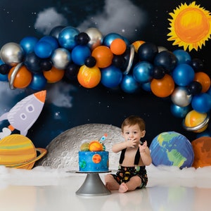 Outer Space Photography Backdrop - Astronaut, Galaxies, Planets, Stars, Sky, Universe, UFO, Solar System, Cake Smash, Birthday, Party, Event