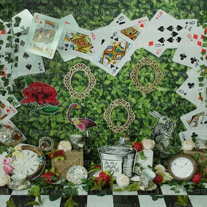 Alice In Wonderland Greenery Photography Backdrop - Onederland, Fairy Tale, Queen of Hearts, playing cards Red Roses Tea Party Rabbit Hedges