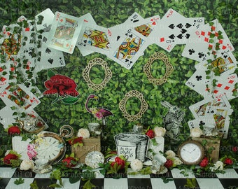 Alice In Wonderland Greenery Photography Backdrop - Onederland, Fairy Tale, Queen of Hearts, playing cards Red Roses Tea Party Rabbit Hedges