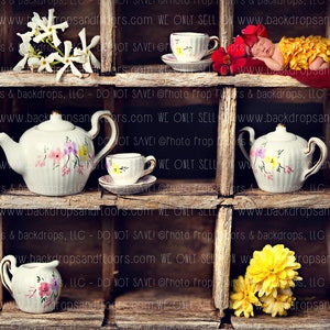 DOWNLOAD DIGITAL: Cenário, Plano de fundo, Bules, Chá da tarde, Vintage, Rústico, Chique, Flores, Menina, Fotografia, Composição de recém-nascido
