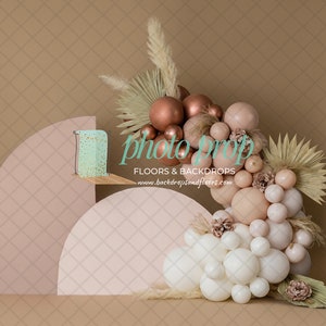 Boho Neutral Wood Arches Photography Backdrop - Natural, Bohemian, Balloon Garland, Cream, Rose Gold, Tan, Brown, Pampas Spring Minimalistic