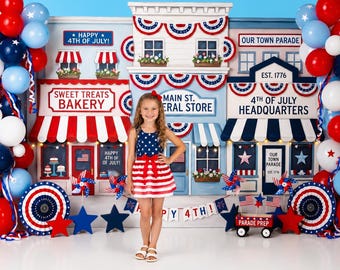 Patriotic Main Street Photography Backdrop, Americana Small Town Storefront Theme, Fourth of July Celebration Background