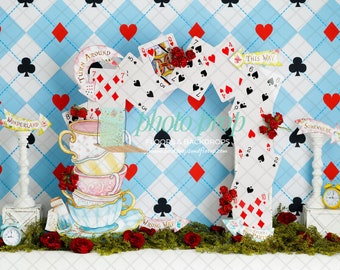 Alice In Wonderland Photography Backdrop - Onederland, Fairy Tale, Queen of Hearts, Clubs, playing cards, Red Roses, Tea Cups, Party, Clocks