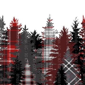 May include: A digital illustration of a forest with red and black plaid pattern overlayed on the trees. The trees are silhouetted against a white background.