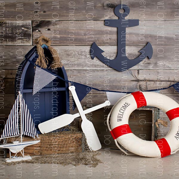 Nautical Photography Backdrop - Boat, Oars, Anchor, Sailboat, Life Preserver, Summer, Wood Planks, Navy, Boating, Fisherman, Fishing, Ocean