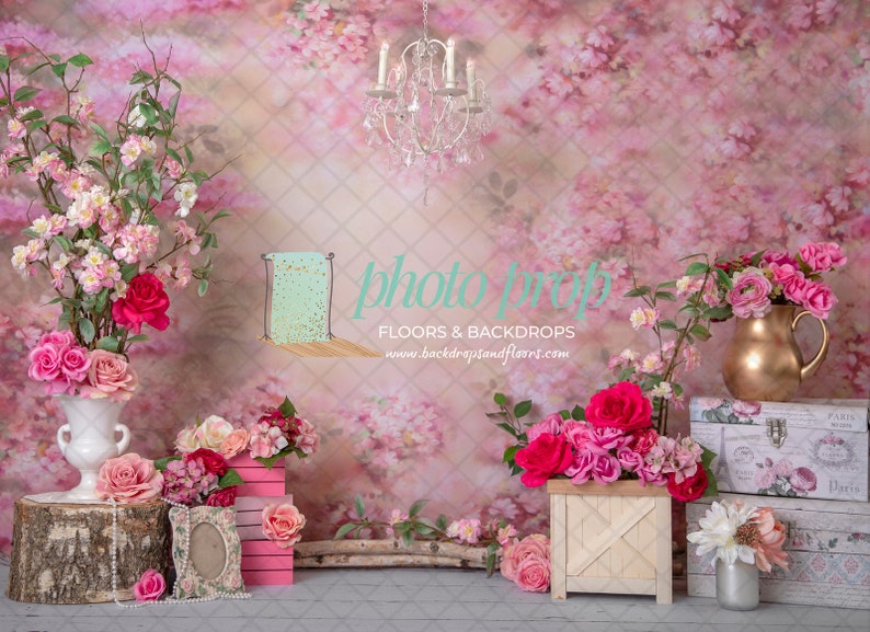 Chandelier Bohemian Elegant Roses Birthday Pearls Cake Smash Shabby Chic Pink Floral Paris Photography Backdrop Flowers Vintage