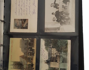Puede incluir: Una colección de postales antiguas en un archivador negro. Las postales muestran imágenes de un edificio, una cascada y un grupo de personas.