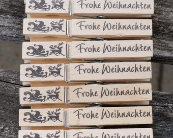 Holz Wäscheklammern " Frohe Weihnachten "  Wäscheklammer bedruckt Platzkarte, Tischkarte, Gastgeschenk, Anstecker für Hochzeit