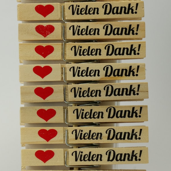Wood clothespins Thank you clothberry printed with heart, table card, guest gift, for wedding