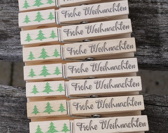 Holz Wäscheklammern " Frohe Weihnachten "  Wäscheklammer bedruckt Platzkarte, Tischkarte, Gastgeschenk, Anstecker für Hochzeit