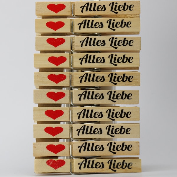 Wood clothespins All love clothberry printed with heart, table card, guest gift, for wedding