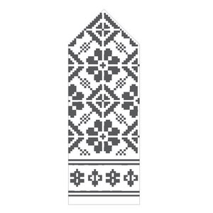 Puede incluir: Patrón geométrico en blanco y negro con una parte superior puntiaguda y un diseño repetitivo de flores y diamantes. El patrón recuerda al arte popular escandinavo tradicional.