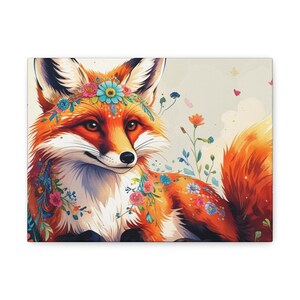 Impressão em tela de raposa vibrante, decoração de parede com animais florais, presente para amantes da natureza, decoração moderna para casa, decoração de raposa excêntrica