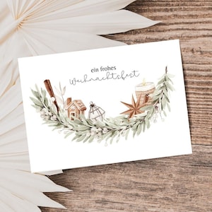 Weihnachtskarte Boho Aquarell, Postkarte, Skandinavisch, Weihnachtsgrüße, Weihnachtspost, Frohe Weihnachten, Feiertage, Zweig, Grußkarte