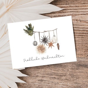 Carte de Noël aquarelle Boho, Carte postale, Scandinave, Salutations de Noël, Poste de Noël, Joyeux Noël, Vacances, Branche, Carte de vœux