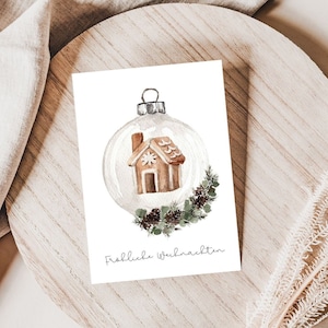 Cartolina di Natale boho acquerello, palla di Natale, casa di marzapane, cartolina, scandinavo, auguri di Natale, posta di Natale, biglietto di auguri
