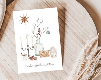Christmas Card Boho Watercolor, Postcard, Scandinavian, Christmas Greetings, Christmas Mail, Merry Christmas, Decoration, Greeting Card