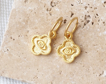 Mini hoop earrings in flower shape with eye, gold eye earrings, 2 in 1