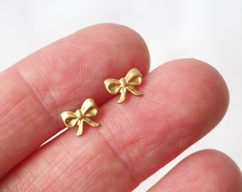Golden mini bow stud earrings, tiny bow stud earrings, second ear hole, gift for her