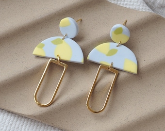 Polymer Clay Earrings with Lemons, Art Deco Earrings, Fruit Earrings, Summer Earrings, Lightweight Statement Earrings