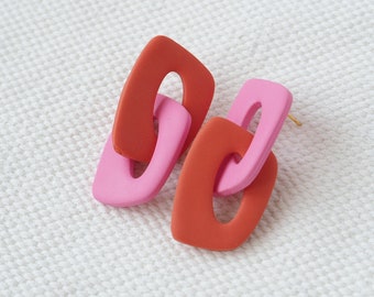 Earrings made of polymer clay, pink orange earrings, chain earrings, statement earrings, color blocking