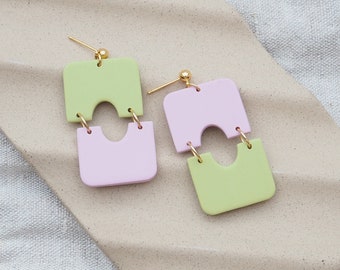 Two Tone Statement Earrings, Lilac Pistachio, Polymer Clay Earrings, Color Blocking