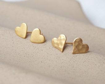 Gold mini stud earrings, tiny heart stud earrings, hammered stud earrings, second ear hole, gift for her