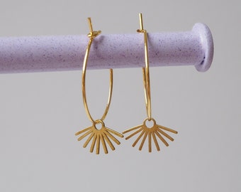 Gold hoop earrings with sun pendant, Minimalist earrings, Art Deco earrings, Gift for her